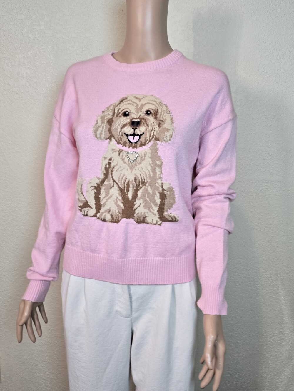 Derek Heart Pink Doodle Poodle Puppy Dog Sweater Size Medium Women’s Crewneck - Picture 6 of 16